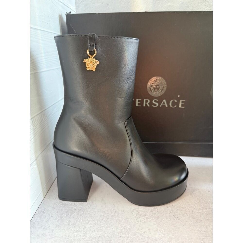 Versace Medusa $1,575 Platform Boots Black Leather Size 41/US 11 Block Heel